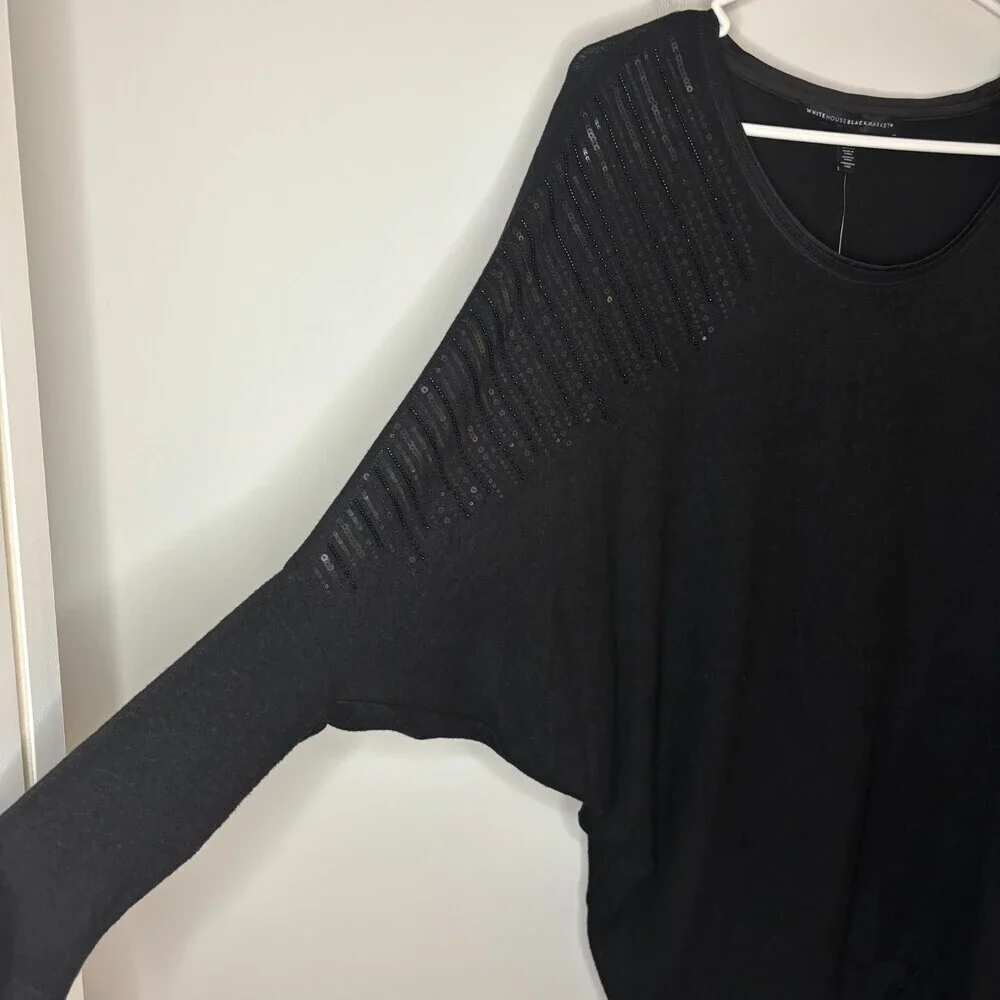 WHITE HOUSE BLACK MARKET NEW Snit Dolman Tunic Womens XS Black Sparkle